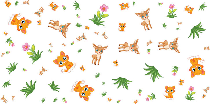 Seamless pattern with kittens deer butterflies and flowers on white background