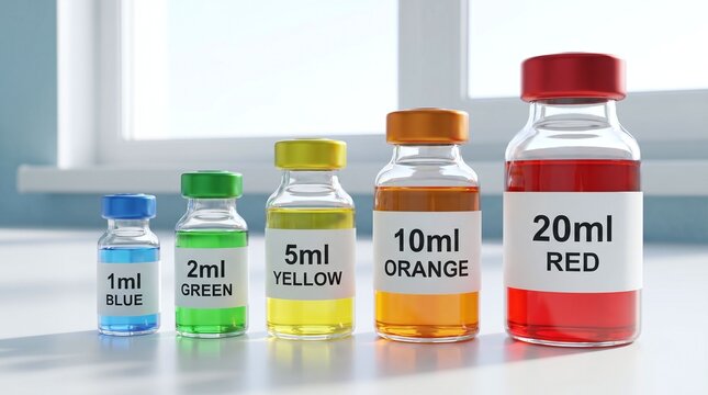 Increasing dosage volumes in labeled medical vials from 1ml to 20ml symbolizing customized medical treatments and prescription scaling.