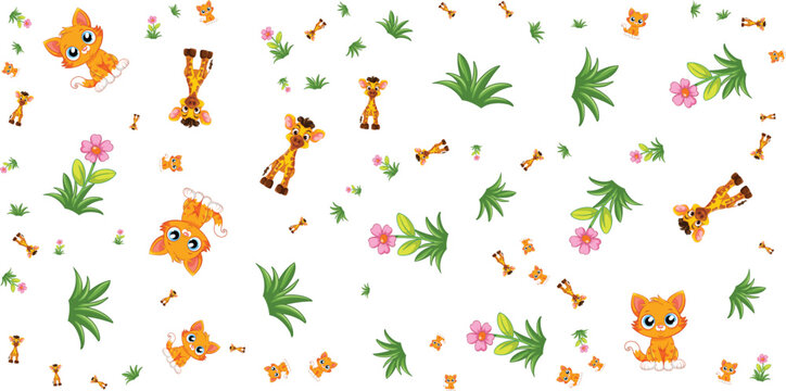 Cartoon animals and plants pattern on white background