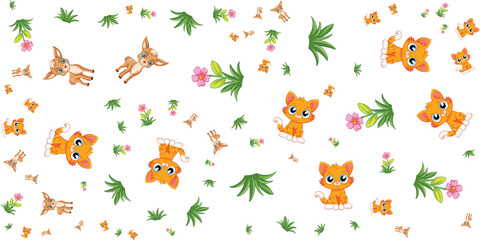 Seamless pattern with kittens rabbits flowers and leaves on white background © Kaylash