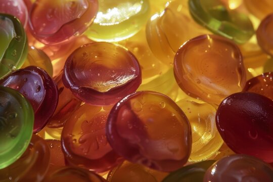 Multiple colorful round gummy candies are shining with warm light and filling the frame, creating a vibrant and tempting image