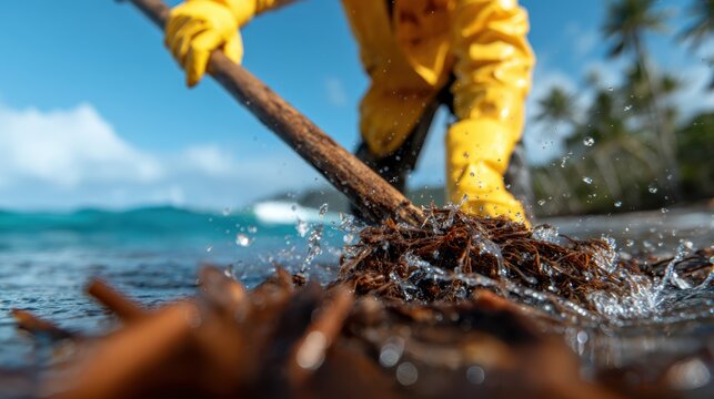 A devoted individual wearing a yellow raincoat cleans seaweed from the shoreline of a beautiful tropical beach, showcasing environmental stewardship and the importance of ocean cleanliness.