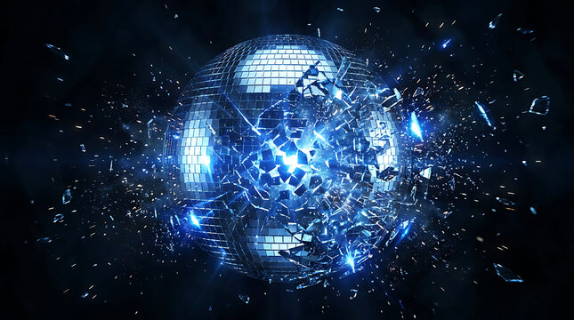 Abstract explosion of a shining disco ball, scattering brilliant blue light shards in a vibrant, dynamic party scene