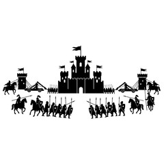 Obraz premium Silhouette of Medieval Castle Siege with Soldiers and Catapults.