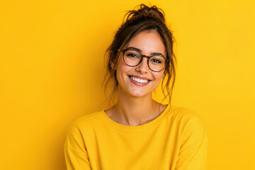 Fototapeta premium A young woman with glasses and a yellow sweater smiles cheerfully in front of a bright yellow background. The scene captures her joy and friendly demeanor.