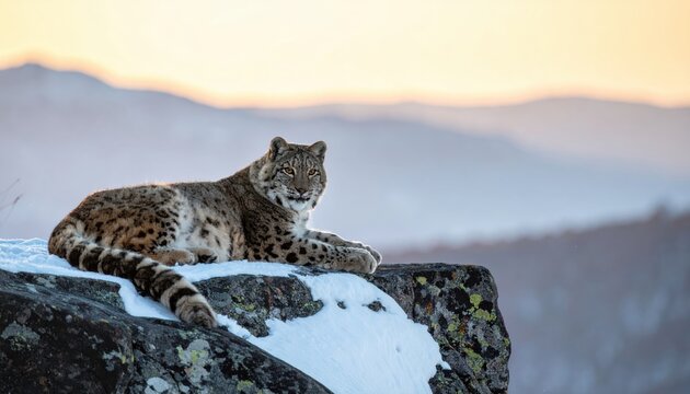 Solitary Amur leopard with thick rosetted fur rests on a snowy jagged granite ledge overlooking distant mountains, captured in a cinematic widescreen banner format during the golden hour.