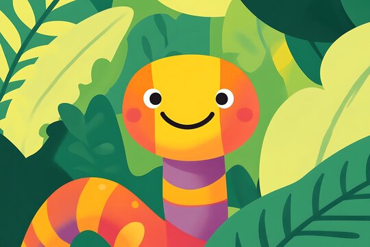 Whimsical cartoon monkey surrounded by vibrant tropical leaves and flowers in a colorful setting