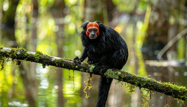 Rare black headed uakari with a bright red bald face and long shaggy fur sitting on a mossy tree branch in the Amazon rainforest, presented in a cinematic widescreen banner composition.