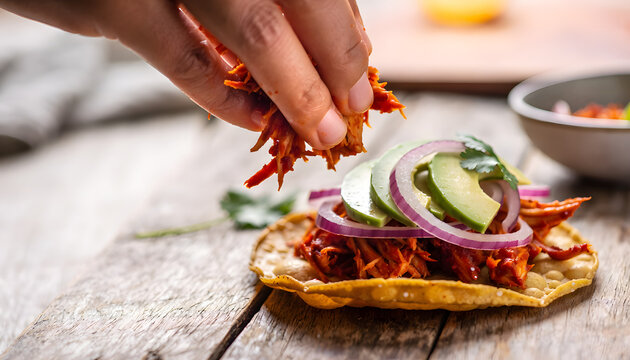 Layering Chicken Tinga Tostadas with Avocado and Onion Close-Up