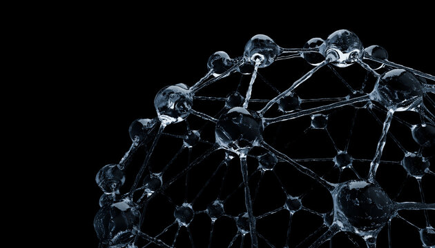 3D rendering of transparent molecular structure against black background, showcasing intricate connections