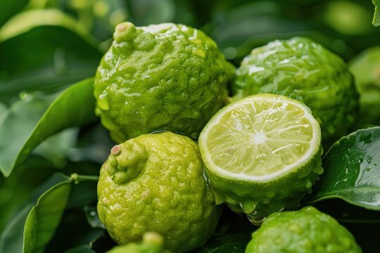 Close up of fresh bergamot fruits growing on bergamot tree with water drops