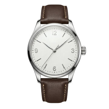 Silver watch with white face and brown leather strap on transparent background