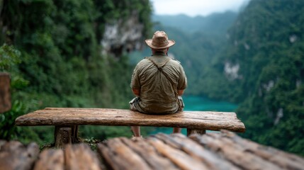 Fototapeta premium A solitary figure in a wide-brimmed hat sits on a wooden bench, taking in the breathtaking natural beauty of mountains and a serene body of water below.