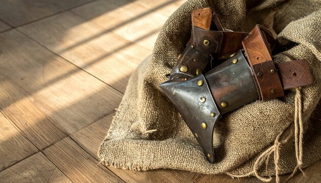 Authentic medieval steel armguards with brown leather straps and brass rivets resting inside a coarse burlap sack on a rustic wooden floor, showcasing historical craftsmanship in a banner layout.