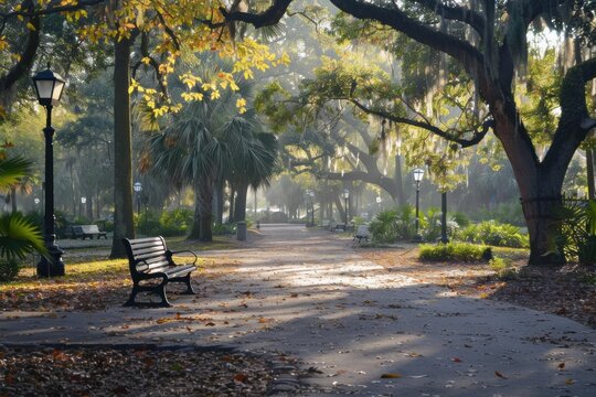 Sunbeams shining through trees in forsyth park, savannah, georgia, on a foggy morning in autumn