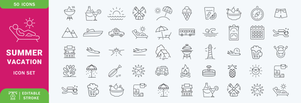 Summer Vacation Editable Icons set. Vector illustration in modern thin line style of travel related icons: sea, surfing, beach, hotel, and more. Pictograms and infographics for mobile apps