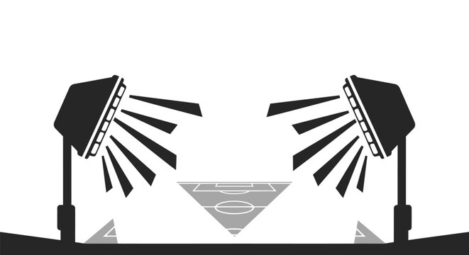 Black and white vector icon of two professional studio lights directed towards a central spot.