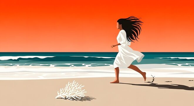 Illustration of woman running on beach at sunset with orange sky. Active wellness and healthy lifestyle. Silhouette of female figure jogging on sandy shore near blue ocean waves
