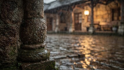 Naklejka premium Rainsoaked heritage inn courtyard with a closeup of water droplets on rustic columns while softfocus lanterns cast a warm glow.