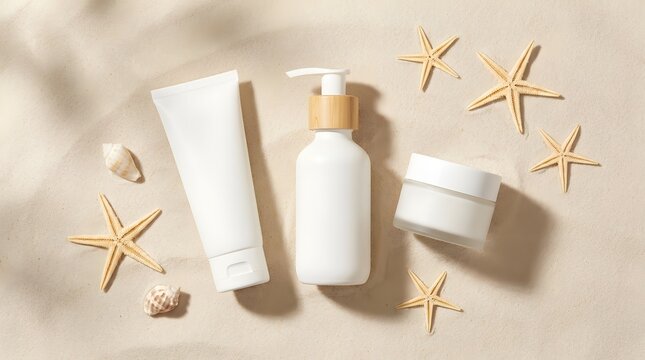 Summer skincare products mockup with beach elements sunscreen and lotion