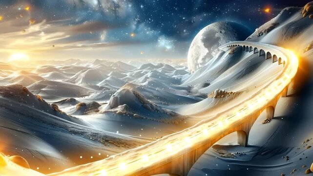 Fantasy Landscape: Luminous Road to Moon and Stars in Dreamy Sci-Fi World