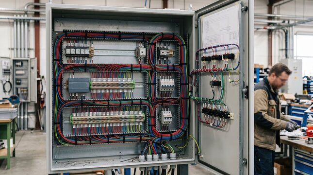 Medium shot of a recently assembled control panel wiring harness showing organized cable routing inside an open cabinet during initial installation.