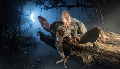 Fototapeta premium A rare nocturnal Ayeaye lemur with large ears and wide eyes perched on a hollow branch in the moonlit Madagascar jungle, highlighting unique wildlife features in a cinematic 16 to 9 composition.