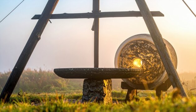 Ancient circular stone grindstone and millstone set in a rustic wooden frame outdoors at sunrise, capturing the historic essence of traditional craftsmanship in a cinematic horizontal view.