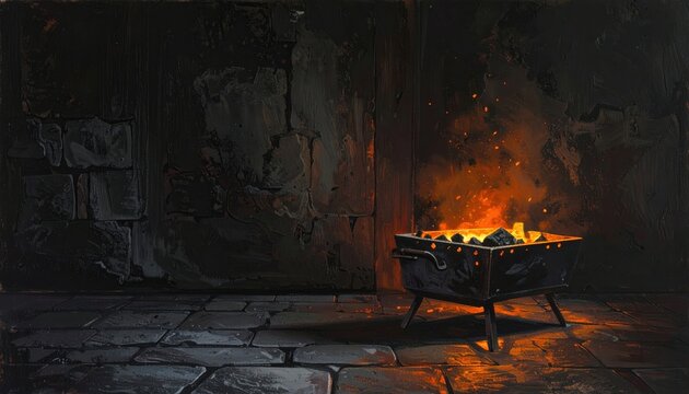 Hand painted rustic iron brazier filled with glowing charcoal embers and orange sparks, resting on a stone tiled floor against a weathered dark wall in a cinematic banner composition.