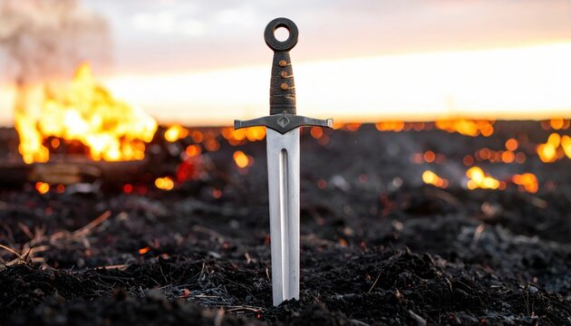 Ancient broadsword blade with central fuller and sharpened edges stuck in scorched earth. This cinematic widescreen image depicts a medieval weapon standing upright amidst a burning battlefield.