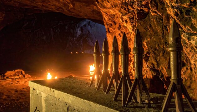 Heavy metal crossbow bolts and pointed iron projectiles are lined up on a stone ledge within a dark rock cavern, creating a cinematic atmosphere with warm orange torchlight and deep shadows.