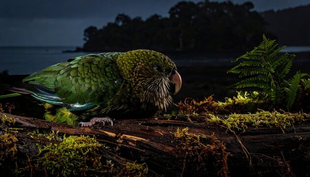 A rare flightless Kakapo parrot with moss green feathers and a whiskered face sits on a damp mossy log at twilight, showcasing its unique nocturnal camouflage in a lush island forest setting.