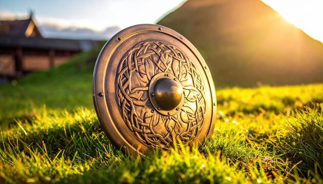 Traditional round bronze targe shield featuring intricate celtic knotwork and a central brass stud, resting in lush green grass before a historic village under cinematic golden sunset light.