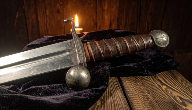 Handcrafted medieval forged steel sword hilt with brown leather wrapped grip and round pommel, resting on dark velvet fabric in a candlelit blacksmith workshop for a cinematic historical look.