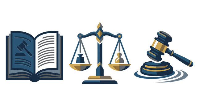 A set of icons that visually represents legal concepts such as books, scales, and gavel, symbolizing the foundations of justice and the legal system.