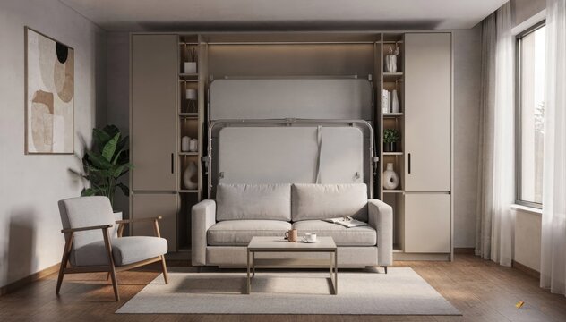 Medium shot capturing a guest suite with a foldaway bed neatly stowed emphasizing multifunctional furniture for adaptable lodging.