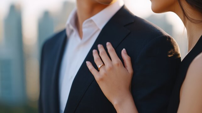 Couple in formal attire embracing outdoors, showcasing wedding ring on woman's hand against a blurred city skyline background during sunset
