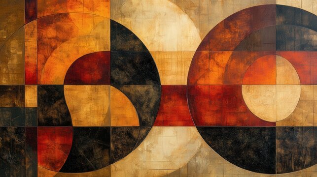 Abstract geometric pattern with textured circles and squares in warm earth tones