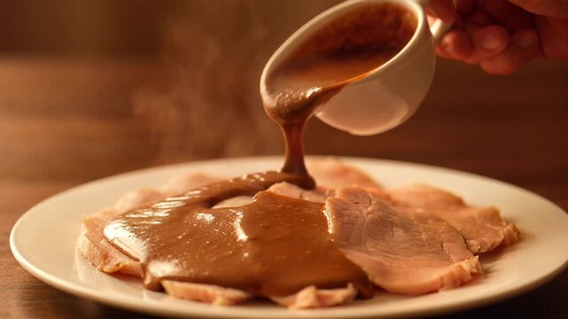 Pouring Rich Brown Gravy over Sliced Roasted Meat on a Plate.