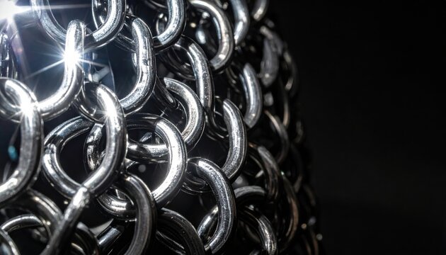 Intricate Interlocking Iron Rings of Medieval Chainmail Armor. This widescreen cinematic close up captures the complex weaving patterns of metal link mail, ideal for historical banner designs.