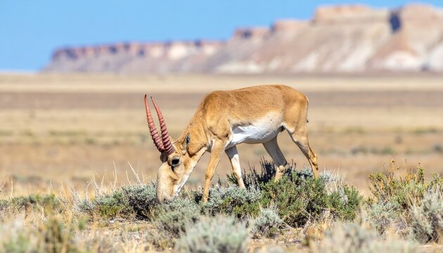 Majestic saiga antelope with distinctive bulbous nose and ridged horns grazes on sparse desert vegetation across a vast arid plateau, showcasing cinematic wildlife in its natural habitat.