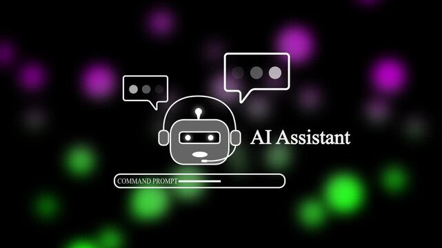 Smart AI Assistant Animation with Robot Head and Command Prompt Loading Bar over Glowing Neural Network Background for Modern Technology and Innovation Projects.
