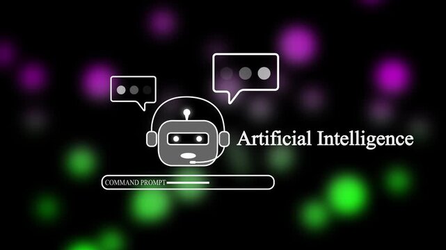 Artificial Intelligence Concept Animation Featuring Smart Bot Icon with Dynamic Speech Bubbles and Command Prompt Loading Bar over Colorful Glowing Particle Background.