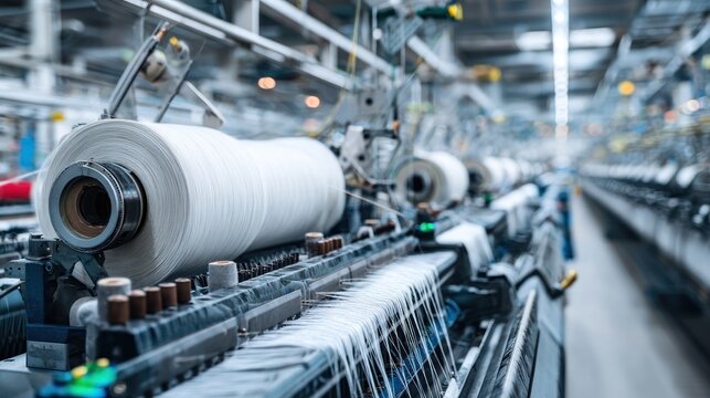 Industrial textile production process with spools and machinery close up