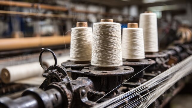 Close up of industrial machinery with thread spools and textiles