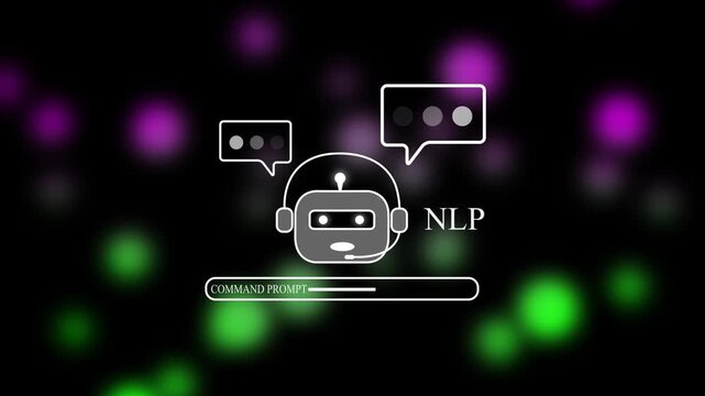 NLP Natural Language Processing Concept Animation Featuring Smart AI Bot with Speech Bubbles and Command Prompt Bar over Glowing Particle Background.