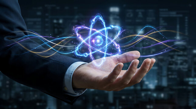 Close up of a businessman's hand holding a glowing atomic symbol representing scientific innovation