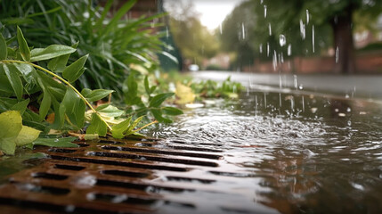 Fototapeta premium Rainwater street drain flooding leaves wet urban green outdoor autumn water storm overflow nature city environment