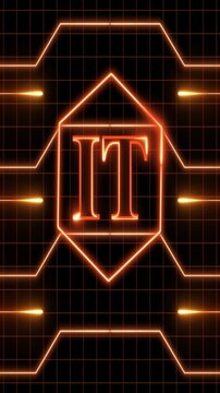 Neon IT logo on futuristic circuit board background. Neon IT logo with orange glow. Neon IT logo information technology symbol.