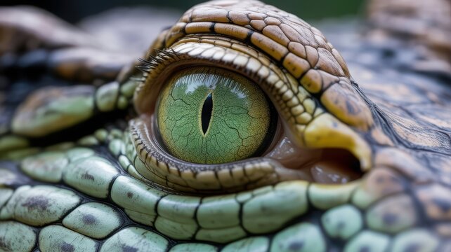 Extreme close up macro photo of a green crocodile eye strongly contrasting in color against the reptile skin texture, medical advertising style